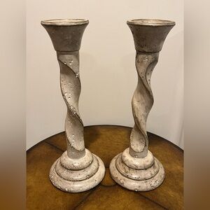 NEW (SET OF 2) ORNATE RUSTIC CERAMIC PILLAR OR TAPER CANDLE HOLDERS 17”